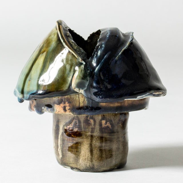Unique stoneware sculpture by Bengt Berglund, in a whimsical, organic form reminiscent of a mushroom. Beautiful jade,...