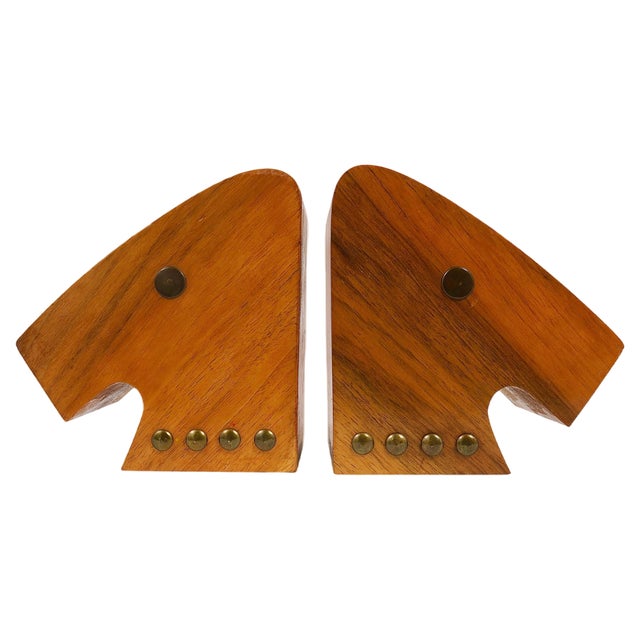 Austrian Modern Horse Bust Bookends in Walnut and Brass, 1950s, Set of 2 For Sale