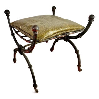 Spanish Wrought Iron Bench W/ Embossed Leather Cushion For Sale