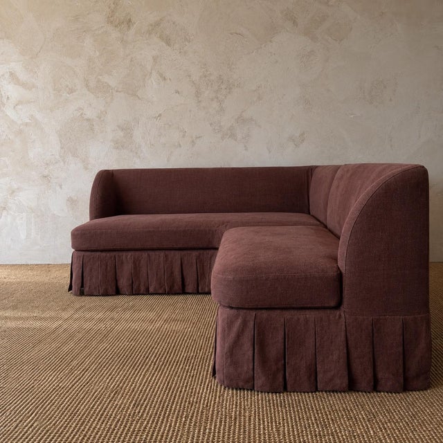 Traditional Dresden Banquette 2- Piece Slip Covered in Dark Rust Linen For Sale - Image 3 of 10