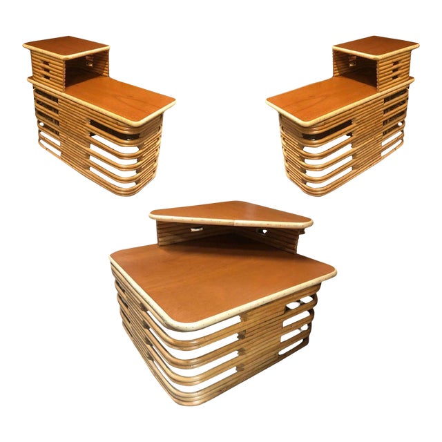 1950s Restored Stacked Rattan & Mahogany Side/Corner Table 3 Piece Set For Sale