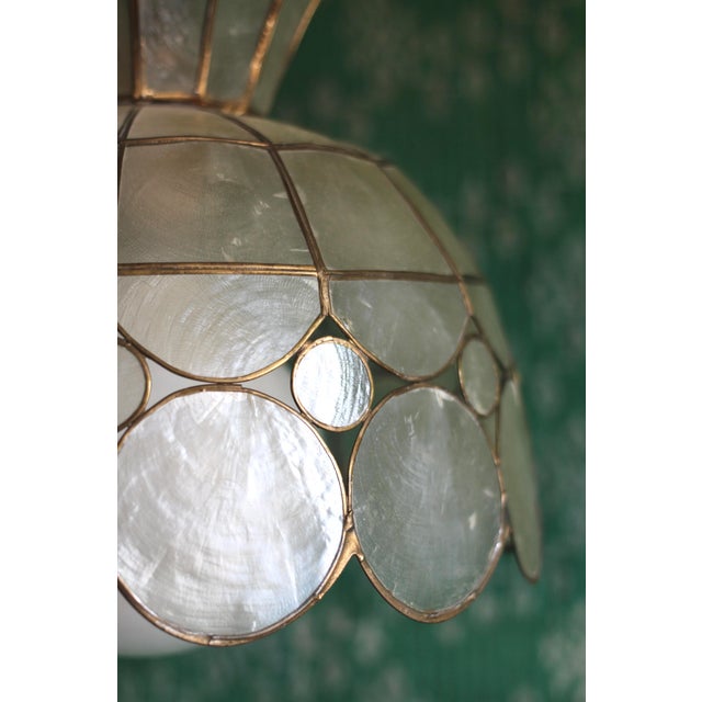 White 1970s Capiz Shell and Brass Pendant Light For Sale - Image 8 of 11