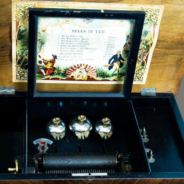 2000 - 2009 19th Century Swiss Cylinder Music Box with Three Bells in Walnut Case For Sale - Image 5 of 11