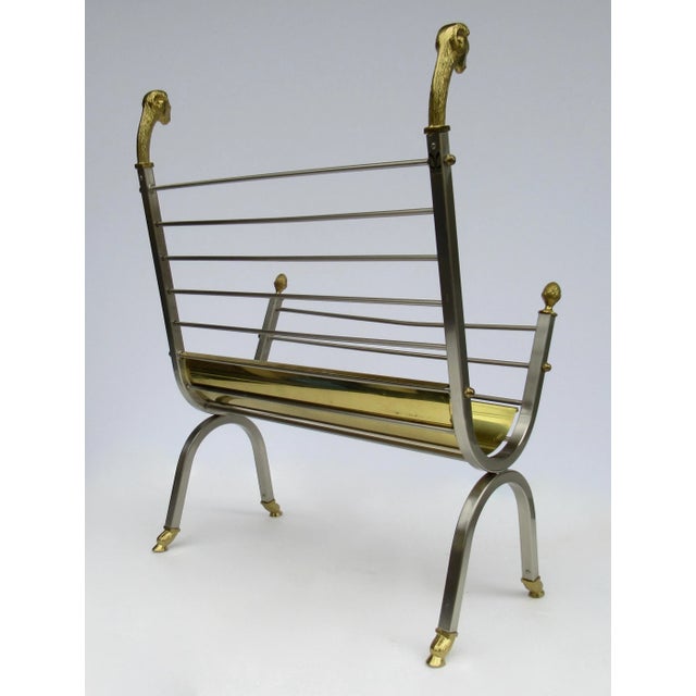 Vintage C.1970's Italian Maison Jansen Polished Brass and Satin Nickel Ram Head & Hoofed Magazine Rack/Holder For Sale - Image 9 of 13