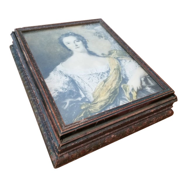Antique Jewelry Box With Framed Portrait Top For Sale