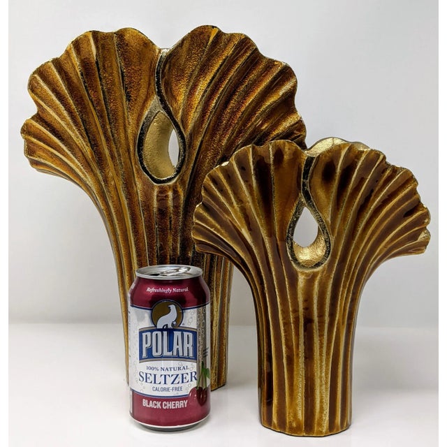 Modern Modern Asian Metal and Enameled Ginkgo Leaf Decorative Vases - Set of Two (2) For Sale - Image 3 of 10