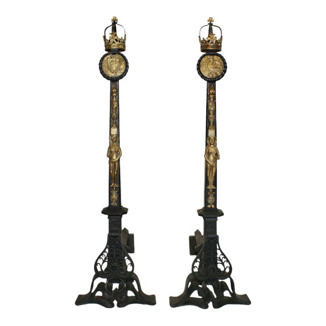 Andirons Antique With Scrollwork Supports and Bronze Figural and Torch Motifs - A Pair For Sale
