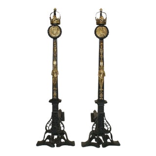 Antique Andirons With Scrollwork Supports and Bronze Figural and Torch Motifs - A Pair For Sale