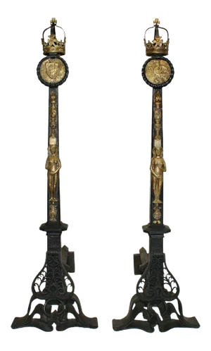 Antique Andirons With Scrollwork Supports and Bronze Figural and Torch Motifs - A Pair