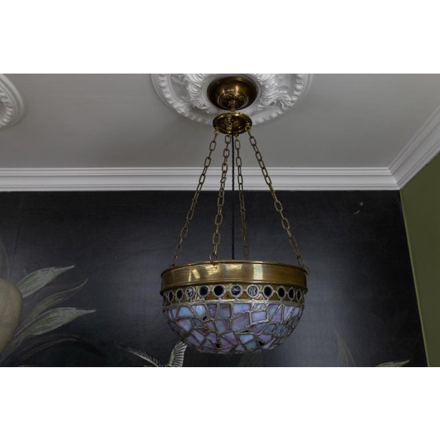 Art Nouveau French Blue and Violet Stained Glass Pendant Light, 1920s For Sale - Image 3 of 18
