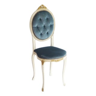 Vintage French Louis XV Style Wooden Chair with Blue Velvet, 1960s For Sale