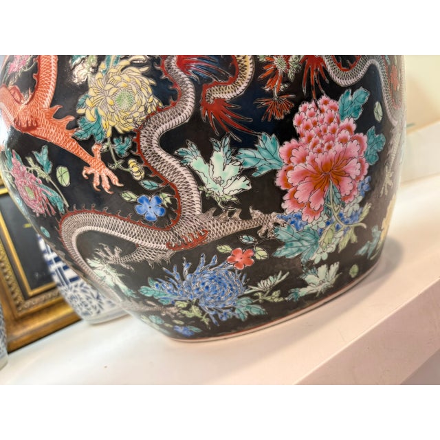 Momumental Vintage Chinese Black Ground Dragon & Floral Porcelain Floor Vase With Gilt Rim For Sale - Image 12 of 18