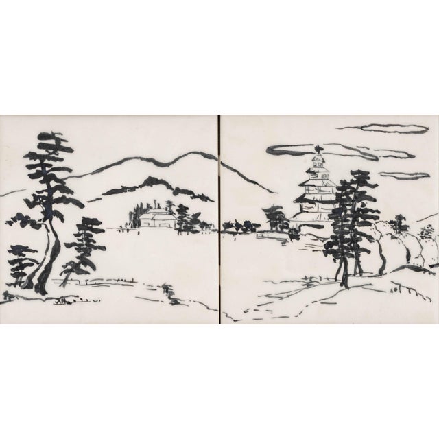 Japanese Carrie Robbins Set of Four Japanese Landscape Scene With Pagoda Tiles, 1958 For Sale - Image 3 of 8