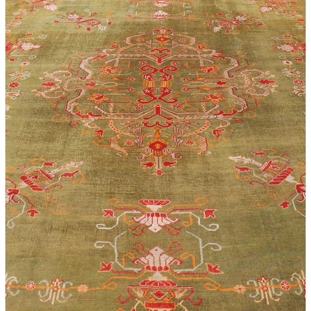 Antique Turkish Oushak Rug in Green Field, Red, Orange & Rich Colorful Accent For Sale - Image 4 of 12