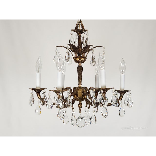 Antique 6 Arm 6 Light Svelte Shimmering Brass Cut Lead Glass Crystal Chandelier For Sale - Image 4 of 11