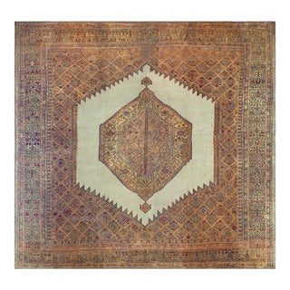 1890s Antique Square Ivory Hand Knotted Medallion Tribal Turkish Oushak Wool Rug For Sale