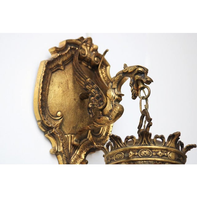 Antique Gothic Revival Bronze Dragon or Griffin Wall Sconce with Pink Glass Shade, Early 20th Century For Sale - Image 3 of 16