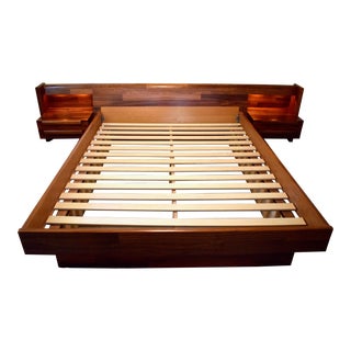 Midcentury Danish Modern Queen Platform Bed Rosewood Headboard/Nightstands For Sale