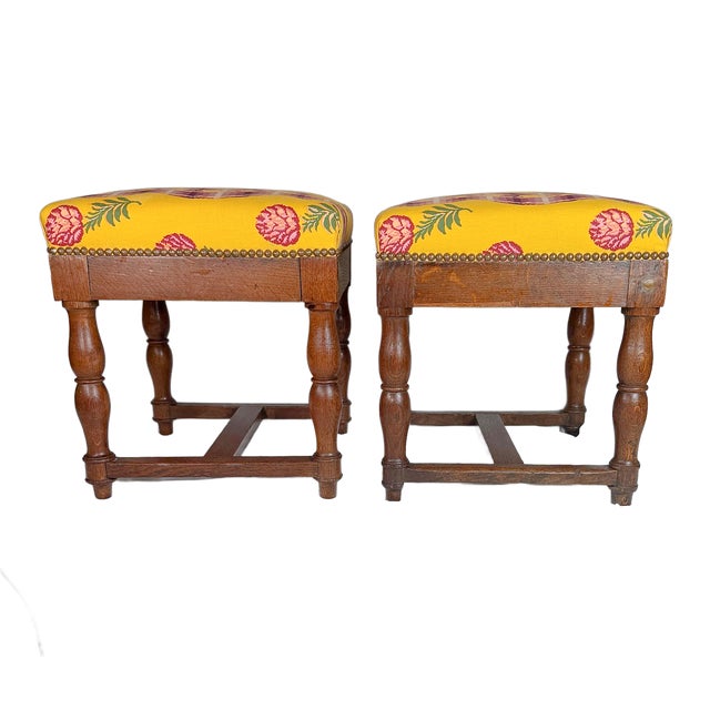 Yellow Antique Pierre Frey Upholstery Louis XIII Style Oak Ottomans - A Pair For Sale - Image 8 of 8
