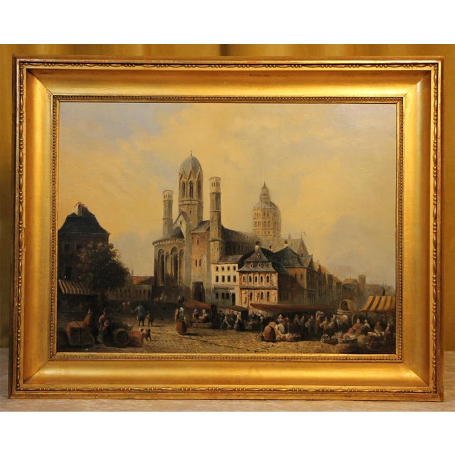 This 19th-century oil painting shows a lively view of Liebfrauenplatz in Mainz, one of the city's historic central...