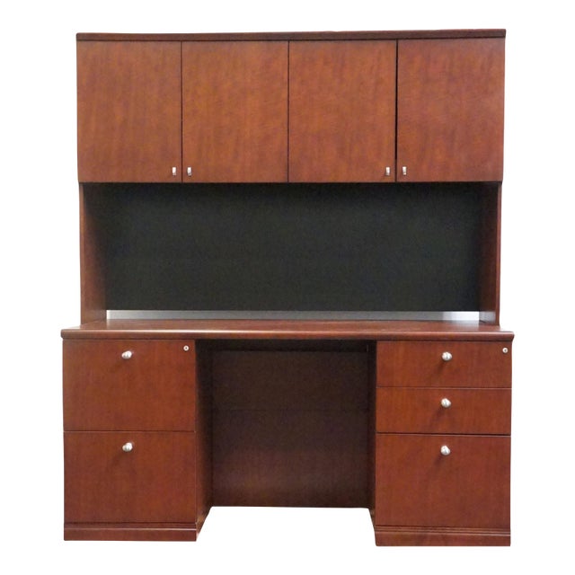 Bernhardt Furniture Cherry Contemporary Modern 60" Computer Credenza Desk W. Filing Cabinets and Cabinet Top For Sale