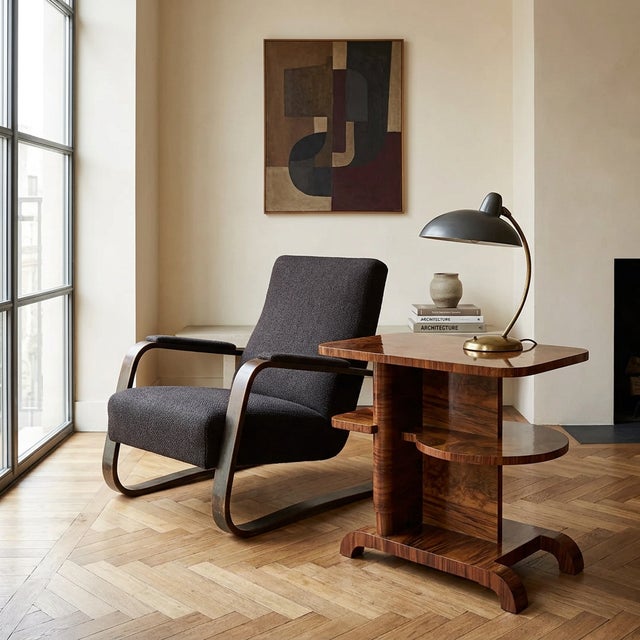 Hungarian Cubist Art Deco side table from the 1920s with multi-tier functional shelving. The top features book-matched...