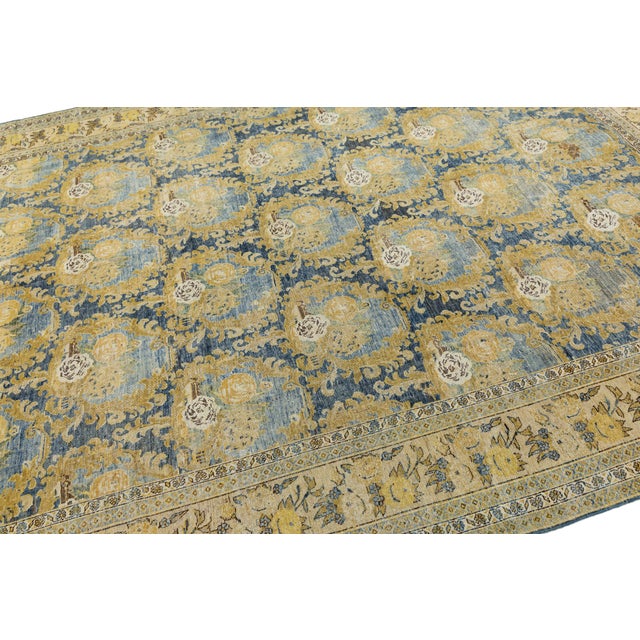 1920s Antique Mahal Rug With Muted Ochre and Indigo Blue Floral Medallions For Sale - Image 5 of 12