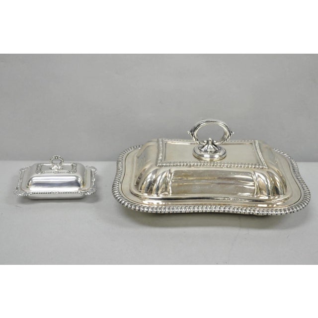 Victorian Vintage Miniature Sheffield England Silver Plated Covered Serving Dish Platter - Set of 2 For Sale - Image 3 of 18
