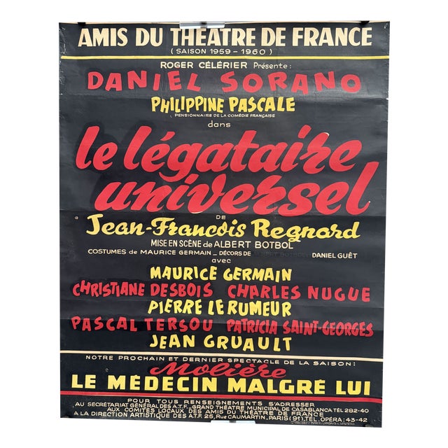 Les Amis Du Theatre De France, Grand Theatre Casablanca, 1960, the Universal Legatee, Regnard, France, 1960, Lithograph For Sale