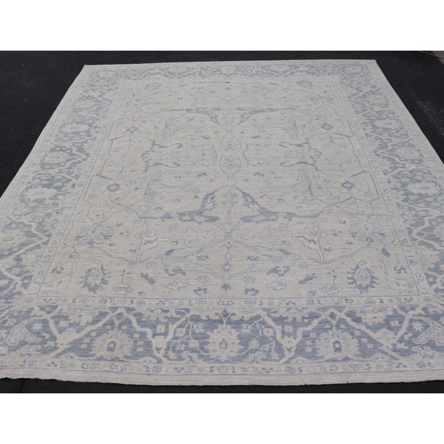 Modern Oushak Rug in Soft Gray With Blue Tones and Refined Classical Motifs For Sale In Atlanta - Image 6 of 12
