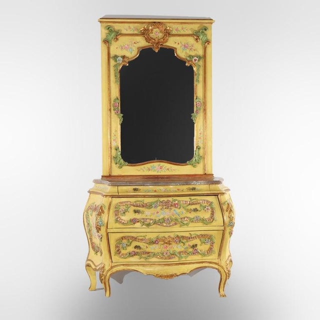 Rococo Venetian Floral Polychromed Marble Top Dresser With Trumeau Mirror C1930 For Sale - Image 3 of 14