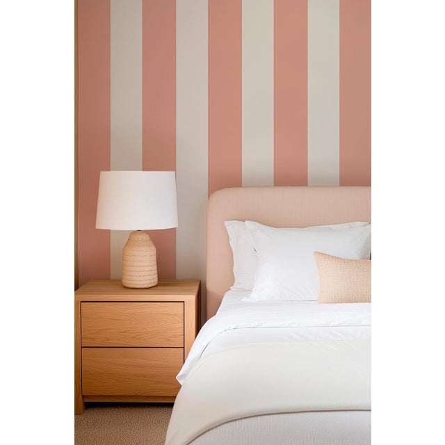 Clubhouse Stripe Grasscloth Wallpaper by House Party | Sunrise Peach & White | 8 Yards For Sale - Image 4 of 9