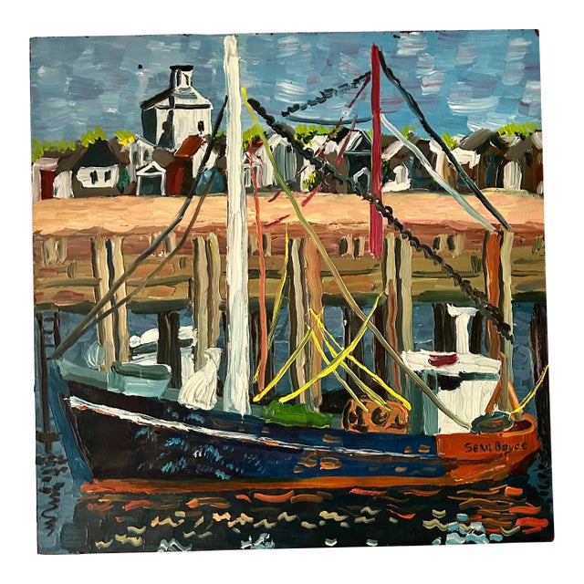 Vintage Nautical Chic Harborscape Oil on Board by Carla Bee For Sale