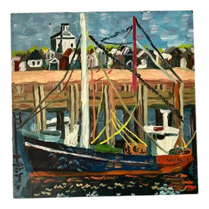 Vintage Nautical Chic Harborscape Oil on Board by Carla Bee