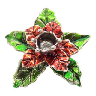 Vintage Italian Handmade Genuine Silver Poinsettia Christmas Decorative Mini Candle Holder Dollhouse Miniature For Sale