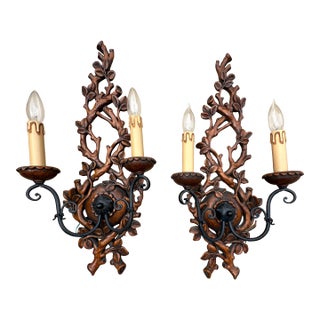 1990s Roberto Giovannini Art. 1170 Ramage Italian Carved Wood Two - Light Sconces - a Pair For Sale