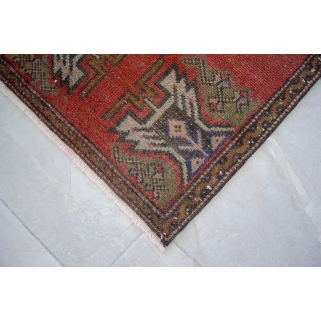 Textile Distressed Low Pile Turkish Yastik Petite Rug Hand Knotted Faded Mat - 20'' X 39'' For Sale - Image 7 of 13