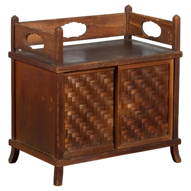 Vintage Javanese Latticed Bamboo Sliding Door & Gallery Side Cabinet For Sale - Image 13 of 13