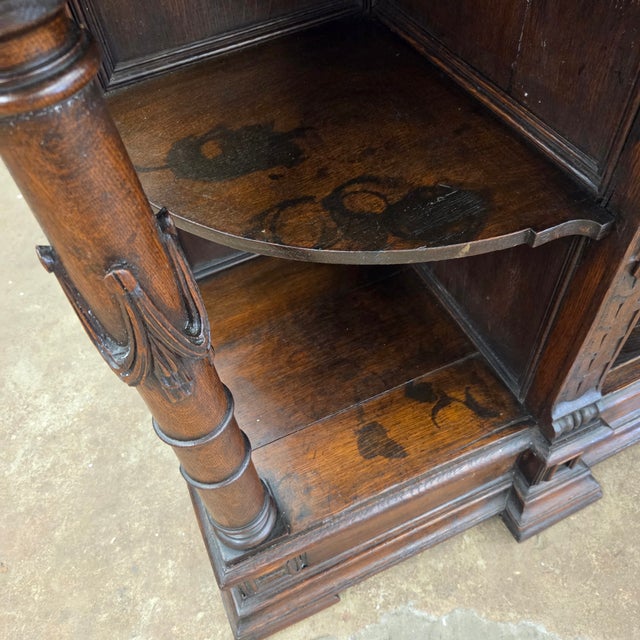 Oak Antique Jacobean Style Walnut Buffet With Ornate Carved Legs, Drawers, & Open Shelving For Sale - Image 15 of 18