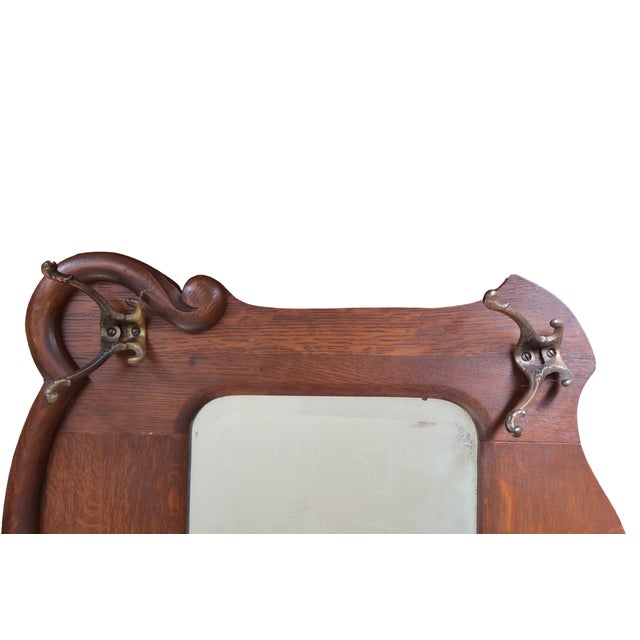 Antique Quarter-Sawn Oak Hall Mirror With Brass Hooks, C. 1900 For Sale - Image 9 of 18