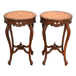 Romweber Style French Provincial Louis XV Carved Walnut and Satinwood Inlaid Marquetry Side Tables, Pair For Sale