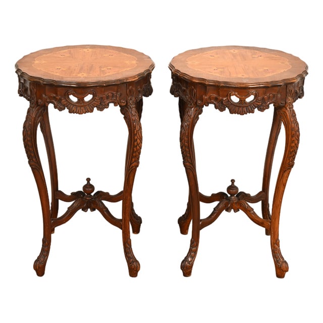 Romweber Style French Provincial Louis XV Carved Walnut and Satinwood Inlaid Marquetry Side Tables, Pair For Sale