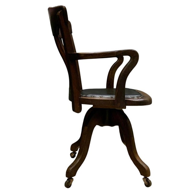 Antique Victorian Oak Railback Clerks Desk Chair with Porcelain Castors, 1890s For Sale - Image 10 of 12