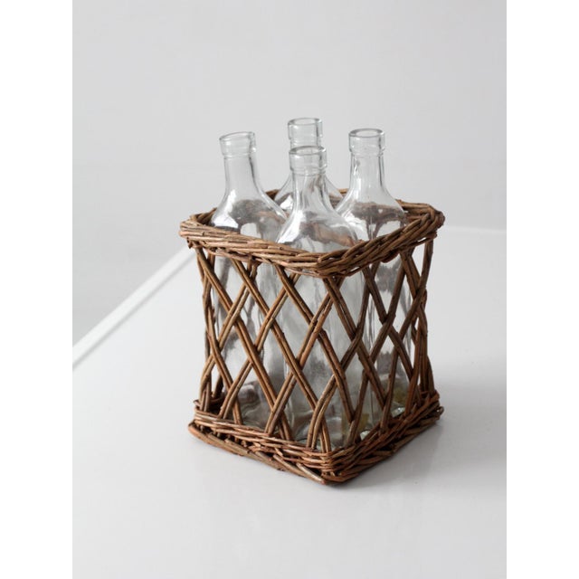 Brown Vintage Wicker Bottle Basket With Glass Bottles For Sale - Image 8 of 15