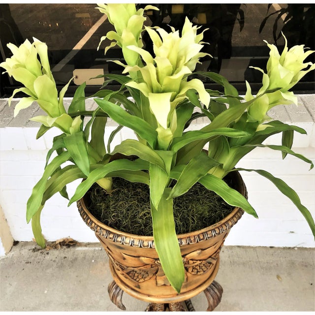 Traditional Koi Fish Pedestal Planters With Faux Floral Bromeliads- a Pair For Sale - Image 3 of 11