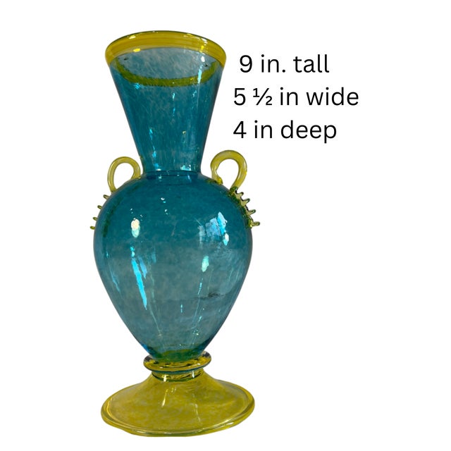 Art Glass Aqua Yellow Handled Amphora Vase For Sale - Image 14 of 14