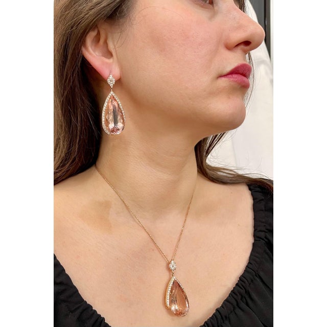 200 Carat Natural Morganite and Diamond Cocktail Earring and Pendant Set 18K PG For Sale - Image 11 of 18