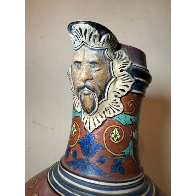 Ceramic Huge Antique Handmade Armorial German Painted Pottery Beer Pitcher Stein Ewer For Sale - Image 7 of 18