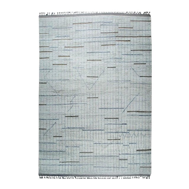 9x13 Ivory Hand-Knotted Wool Fragmented Linear Motif Tribal Modern Carpet Rug For Sale