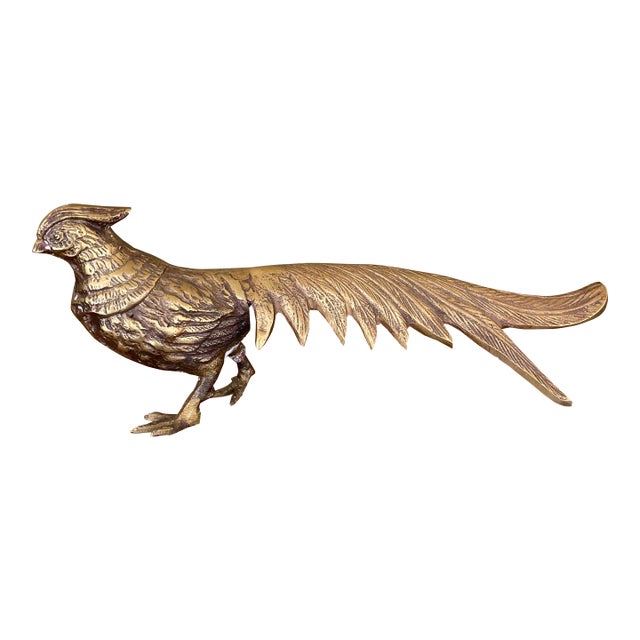 Vintage Brass Toned Pheasant Bird Sculpture With Long Tail - Decorative Metal Figurine For Sale